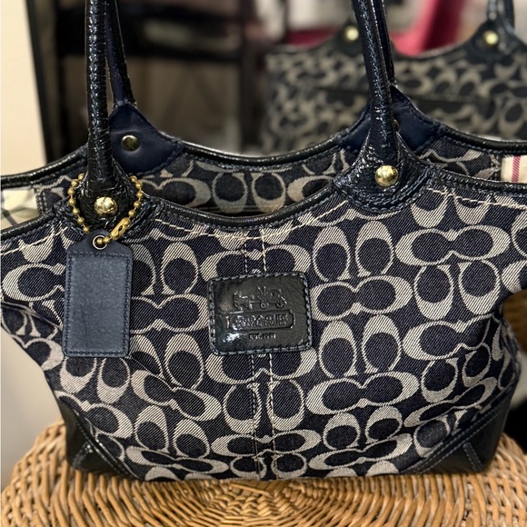 Coach Bleecker Signature Canvas Jacquard Tote Bag Navy Leather Trim Vintage Y2K - Picture 3 of 15